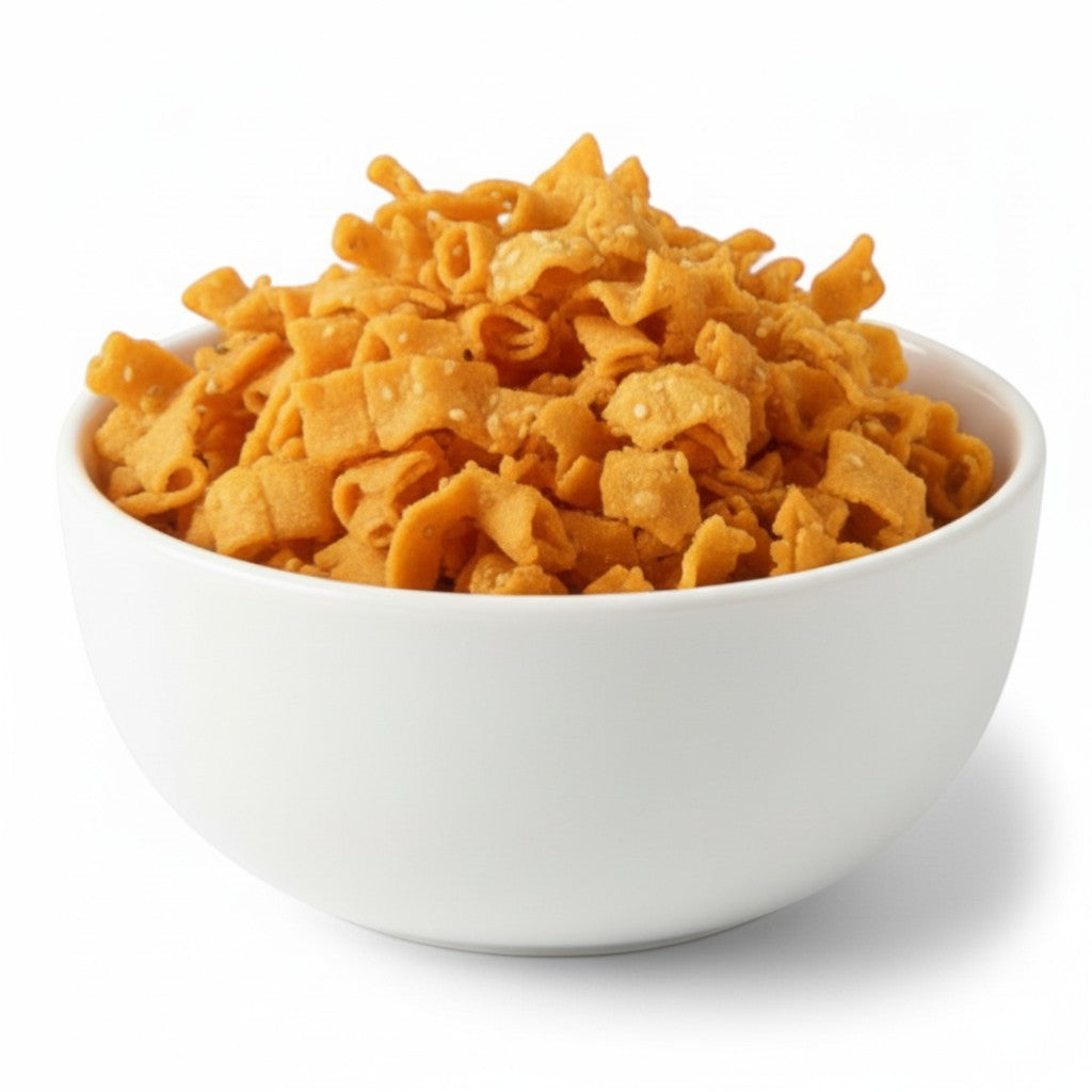 Balali's Vishalam Ribbon Pakoda, a crispy South Indian snack made from rice flour, roasted gram flour, and spices, served in a white bowl.