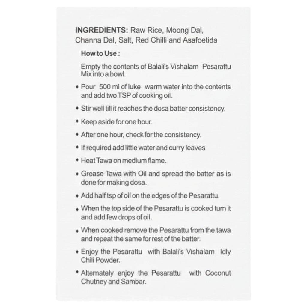 Instant Pesarattu Dosa ReadyMix - Balali's Vishalam