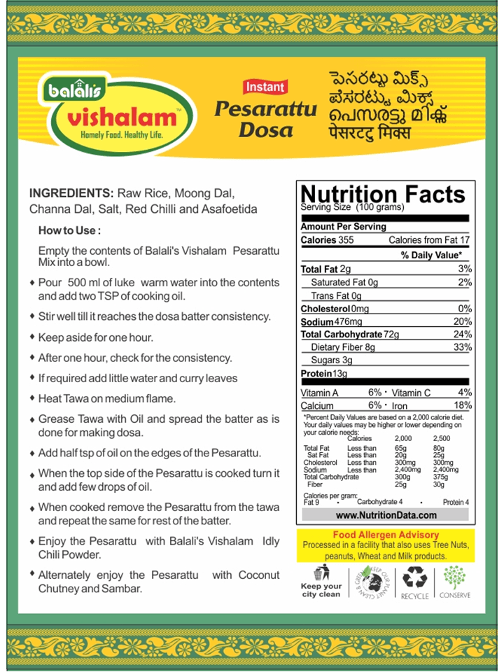 Instant Pesarattu Dosa ReadyMix - Balali's Vishalam